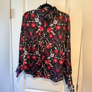 Ann Taylor Black and Red Floral Button Down Shirt
